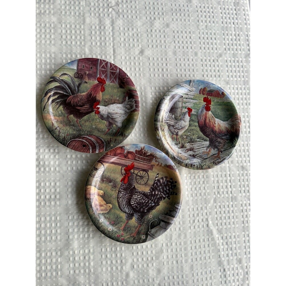 Set of 3 Decorative Plates of Roosters - Rustic Style / Country Vintage 8”